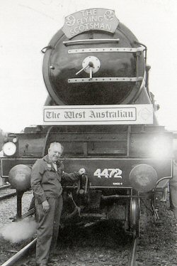"I believe she came to Perth to see ME." Jack pictured with 4472 Flying Scotsman at Northam on her arrival in Western Australia in 1989.